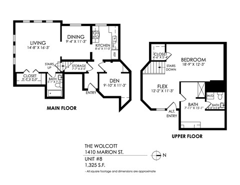 A floor plan for a one bedroom apartment with a living room, dining room, kitchen, den, and bathroom.